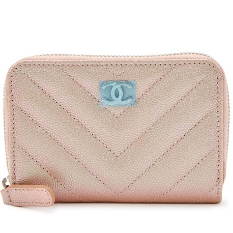 CHANEL Caviar Chevron Quilted Zip Coin Purse Pink 